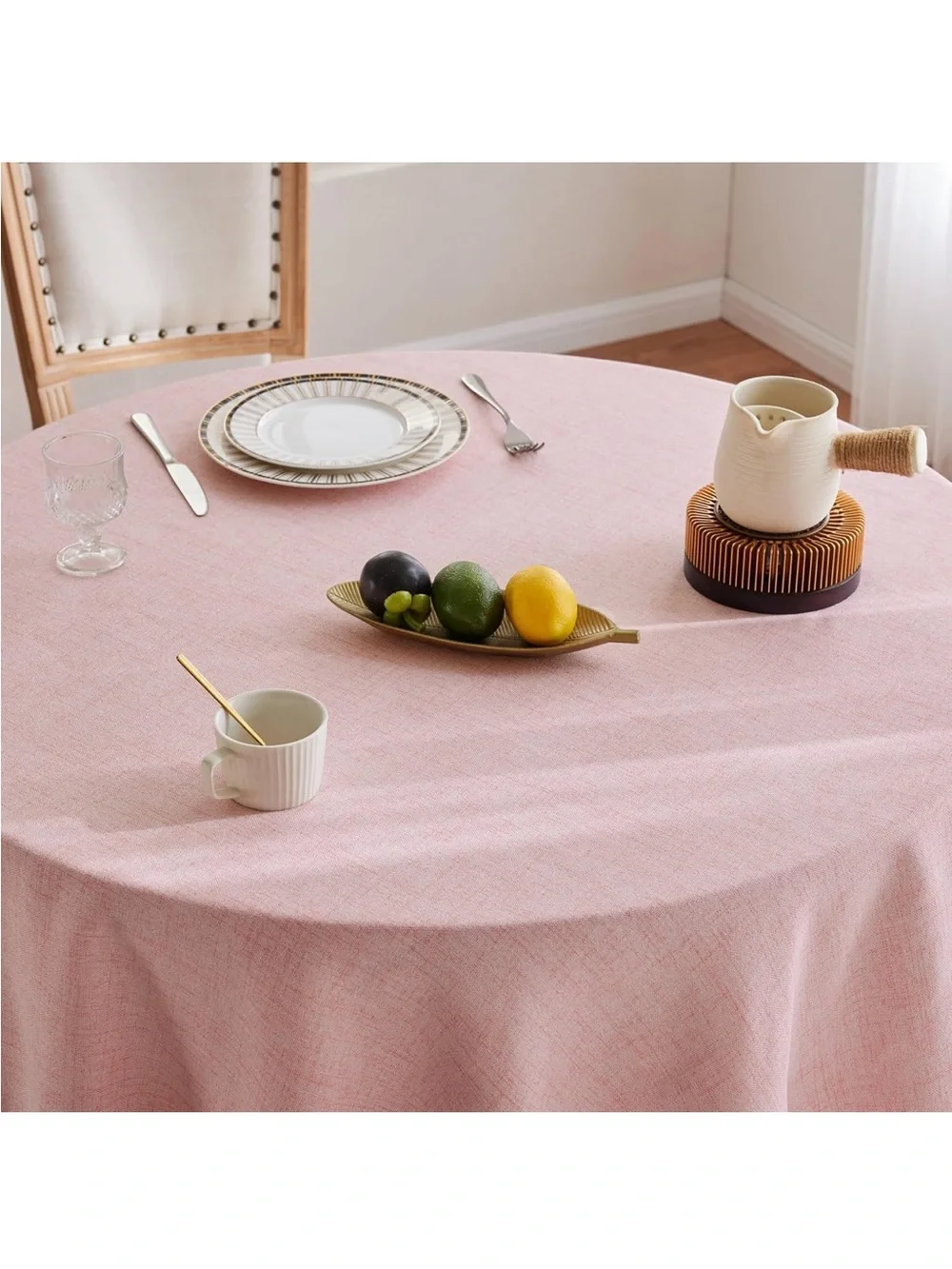 NEW Linen-Like Tablecloth with Tassels, Farmhouse Style Pink, 60” Round